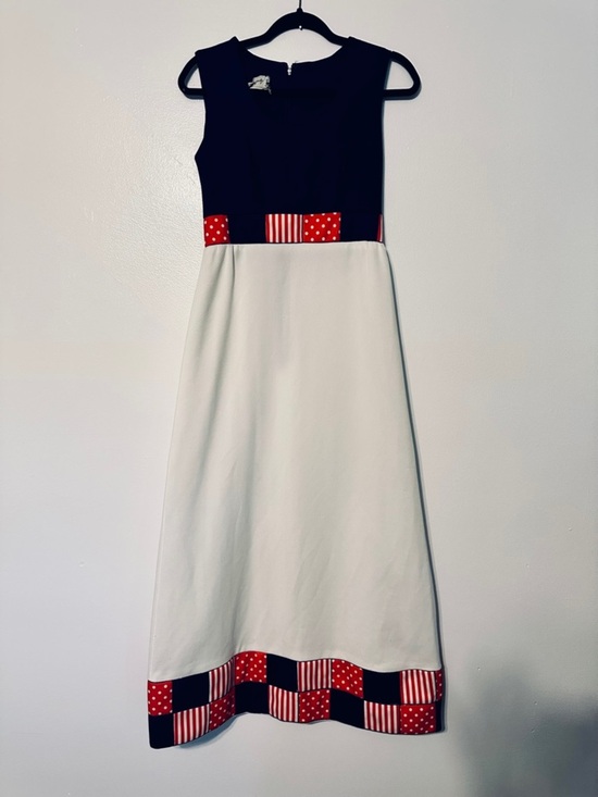Vintage Dresses & Skirts - Vintage 1970s Column Maxi Dress Patchwork Navy White Red